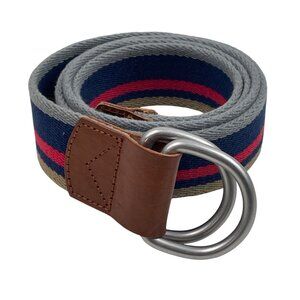 Striped Canvas Belt w/Leather Accents & Double Ring Buckle - Blue Gray Red Khaki